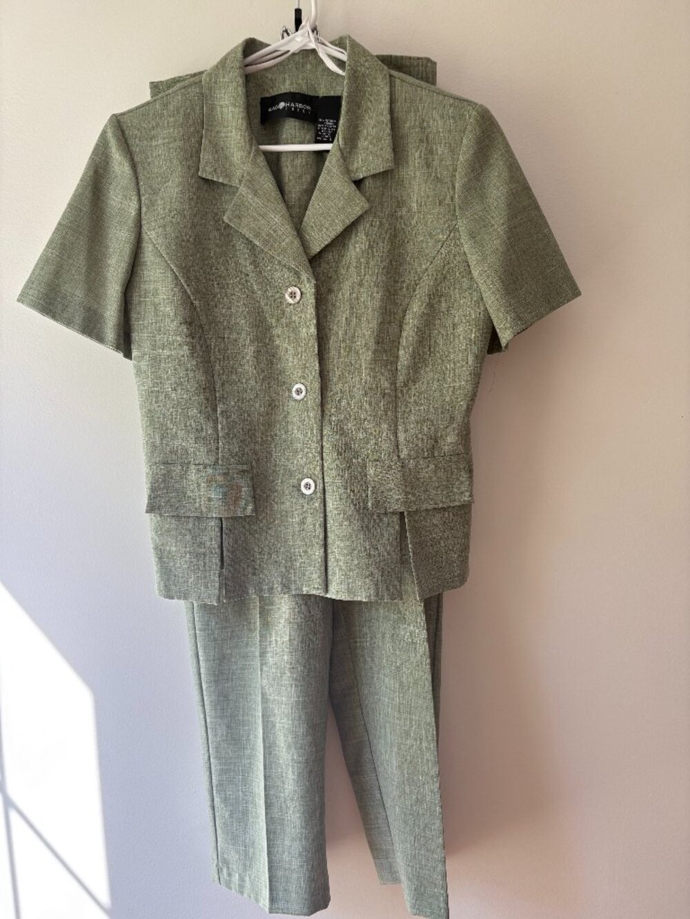 Vintage 90s Sag Harbor Sage Green Faux Linen 2-Piece Short Sleeve Blazer Pant Su